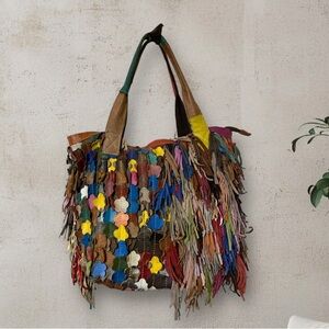 ☮️ Super Fringe Lambskin Leather, Multi-Color Retro Large Hobo Bag